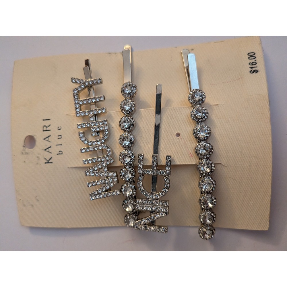 Kaari Blue Naughty Nice Rhinestone Hair Clip Set Silver Tone 4 Piece Bobby Pins